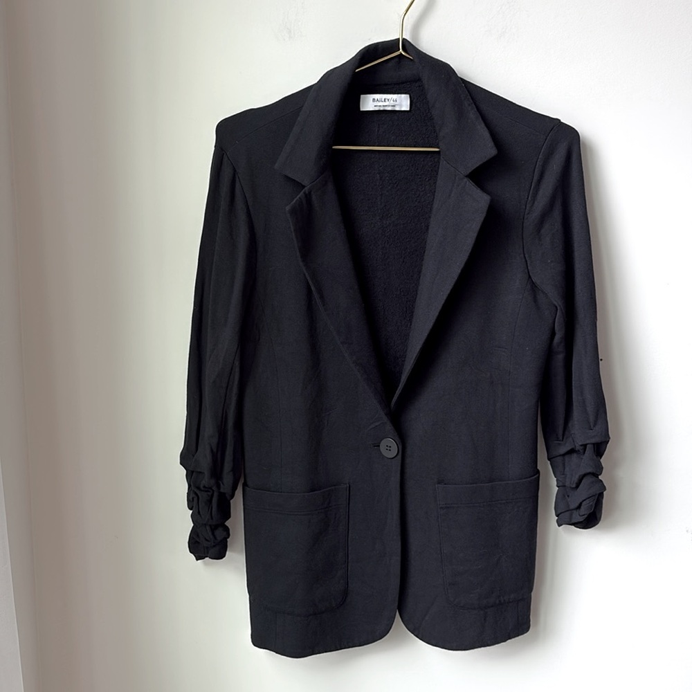 Bailey 44 Jane Jacket Blazer Black Ruched Sleeves Modal Blnd Button Close Size M